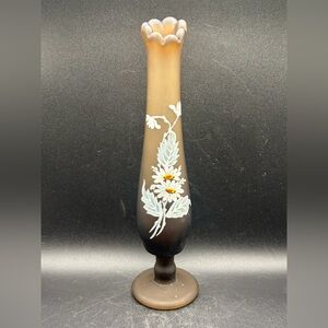 Westmoreland Hand Painted Brown Mist White Daisies Swung Satin Glass Bud Vase